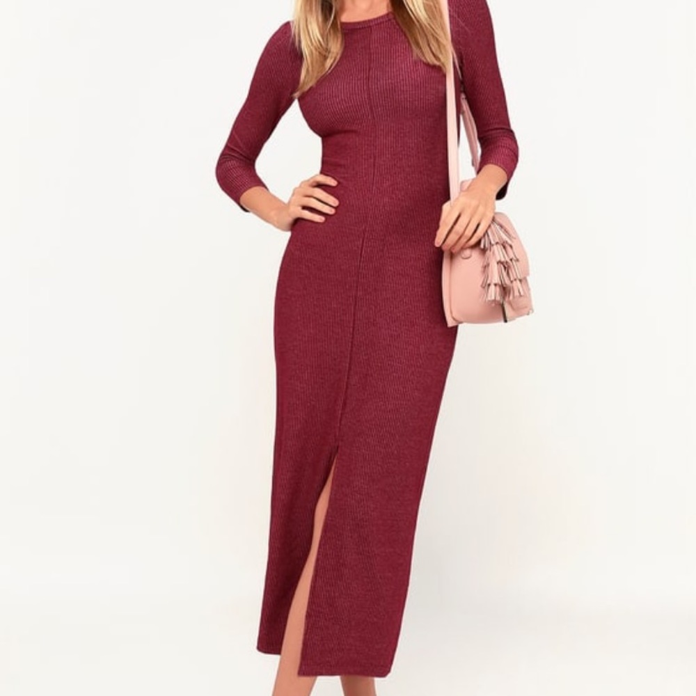 Lulus KEEN WASHED BURGUNDY RIBBED MIDI DRESS